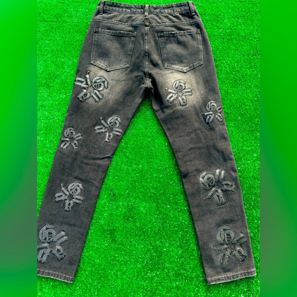 Black Jeans with Skull Embroidery